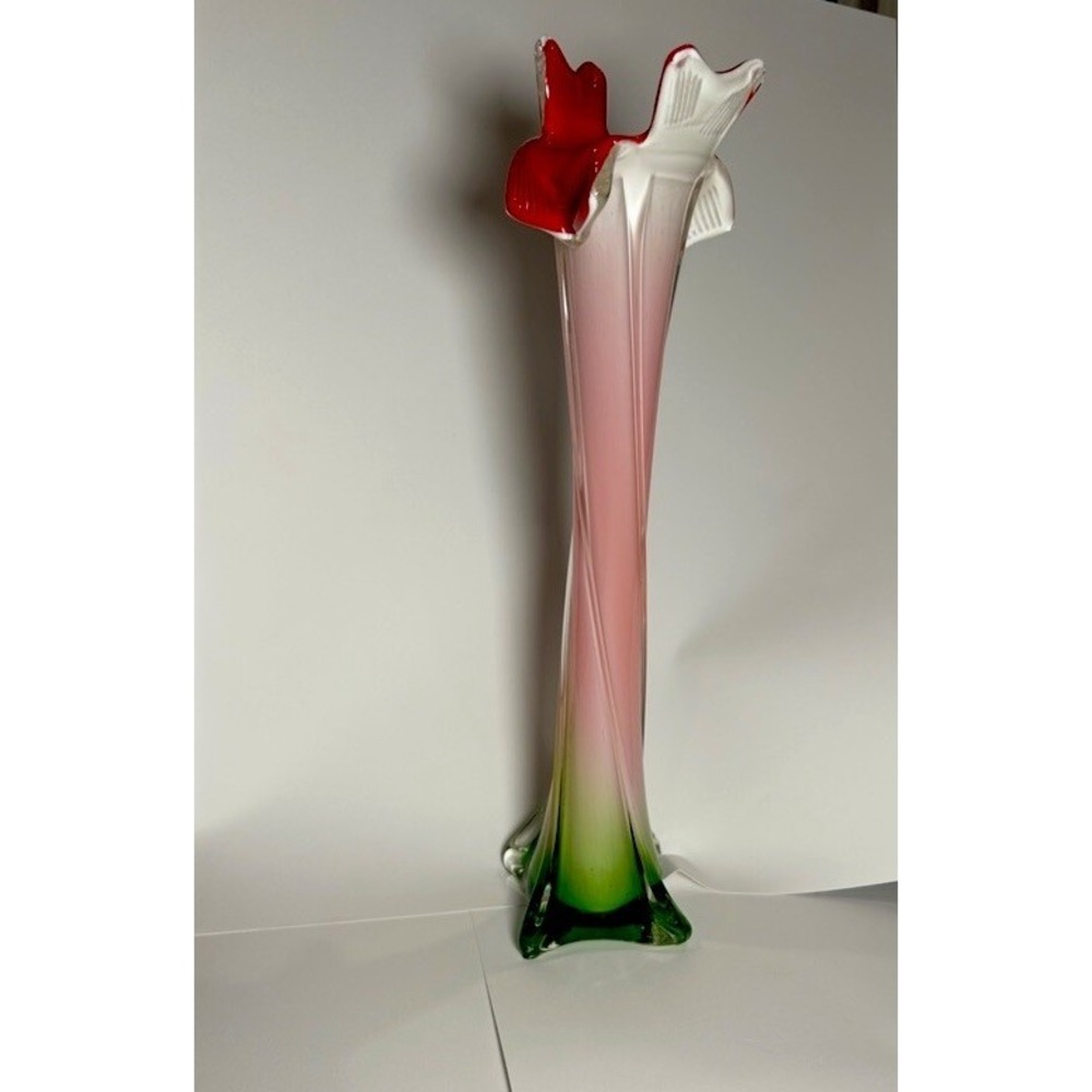 Vintage Jack in the Pulpit Red, Green Floral Hand Blown Bud Vase, Murano Style